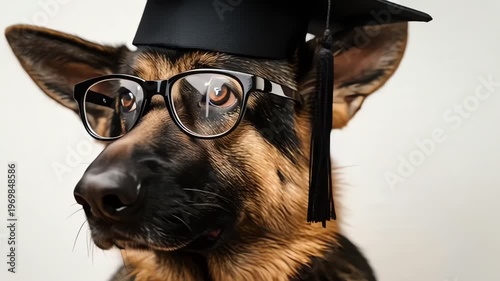 A German Shepherd dog wearing a graduation cap and glasses, looking intelligent.