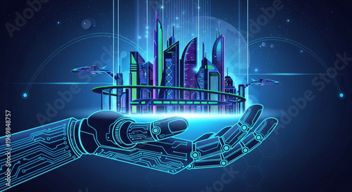 Robotic hand holding futuristic cityscape with skyscrapers and flying cars in a neon lit night scene