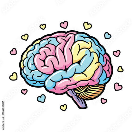 Colorful brain with hearts illustration.