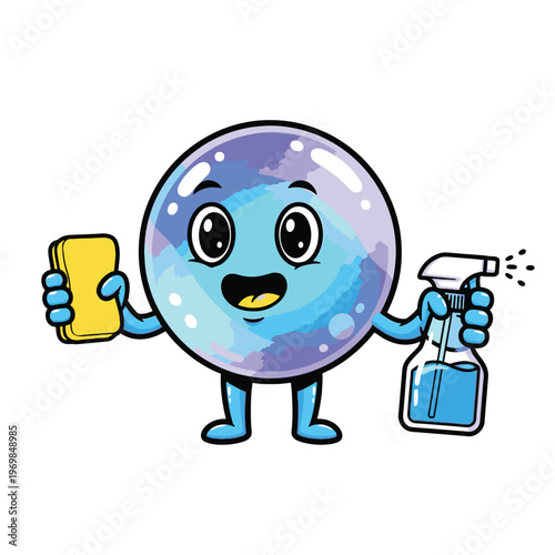 Canvastavla Cartoon bubble character cleaning with spray.