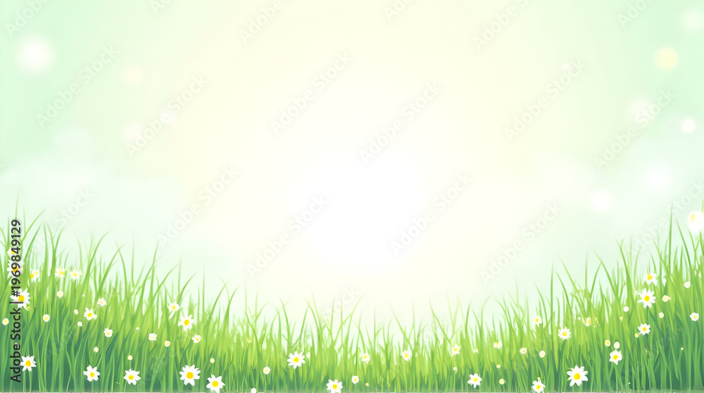 Fototapeta premium Bright Green Grass with Daisies Under Sunlit Sky for Spring Nature Background