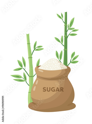 Bag of granulated white sugar and green sugarcane stalks, natural sweetener, organic farming concept, flat vector illustration.