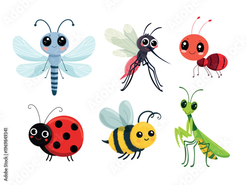 Cute set of cartoon insects. Dragonfly, mosquito, ant, ladybug, bee and praying mantis, adorable bug collection, flat vector illustration isolated on white background.