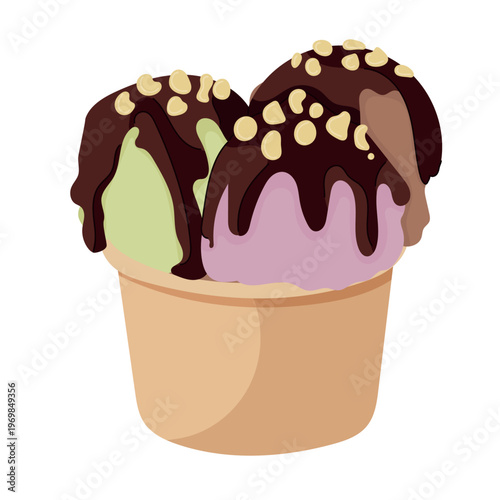 Ice cream balls with chocolate glaze and nuts in a cup, dessert of different flavors, sweet frozen treat, flat vector illustration isolated on white background.