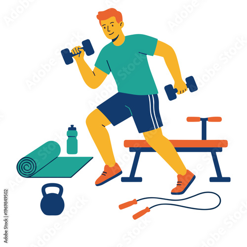 Man exercising with dumbbells on workout bench in gym with equipment