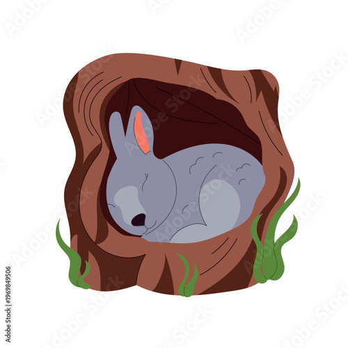 Cute sleeping rabbit in a tree hollow, adorable cartoon forest animal character, woodland fauna illustration, childish design, flat vector isolated on white background.