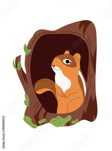 Cute chipmunk in a tree hollow, cartoon forest animal character, adorable woodland wildlife illustration, childish design, flat vector isolated on white background.