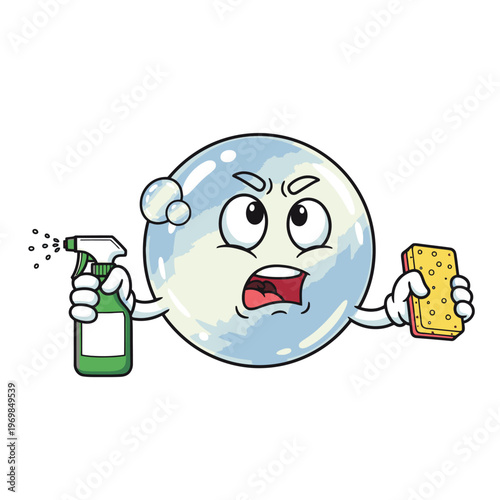 Angry soap bubble character cleaning.