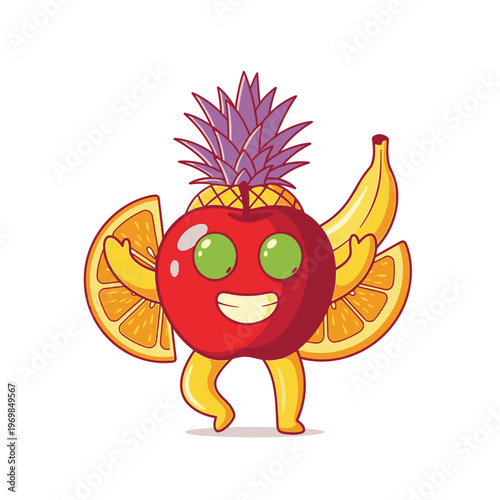 Cartoon fruit character smiling happily outside.