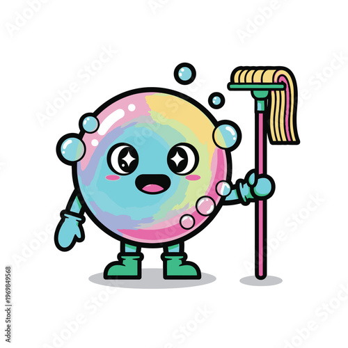 Colorful cartoon bubble character cleaning.