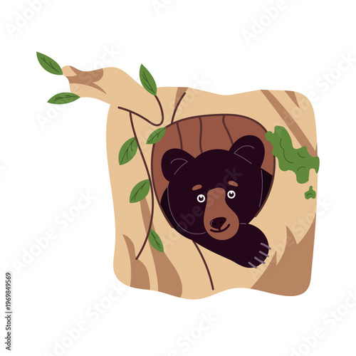 Cute little bear in a tree hollow, adorable cartoon forest animal character, woodland fauna illustration, children's design, flat vector isolated on white background.