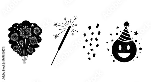 Black and white party icons with fireworks and dandelions.