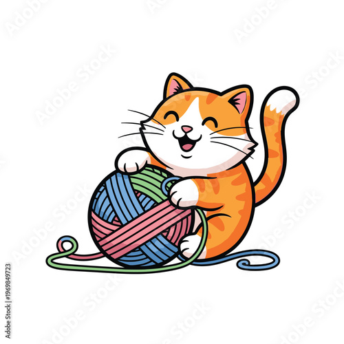 Playful orange cat with colorful yarn 1.