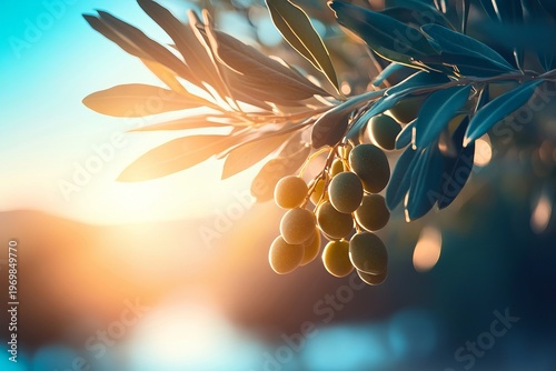 Lush Olive Branch with Ripe Green Olives Bathed in Golden Sunlight Over Mediterranean Landscape