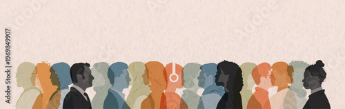 Different people stand side by side together. 