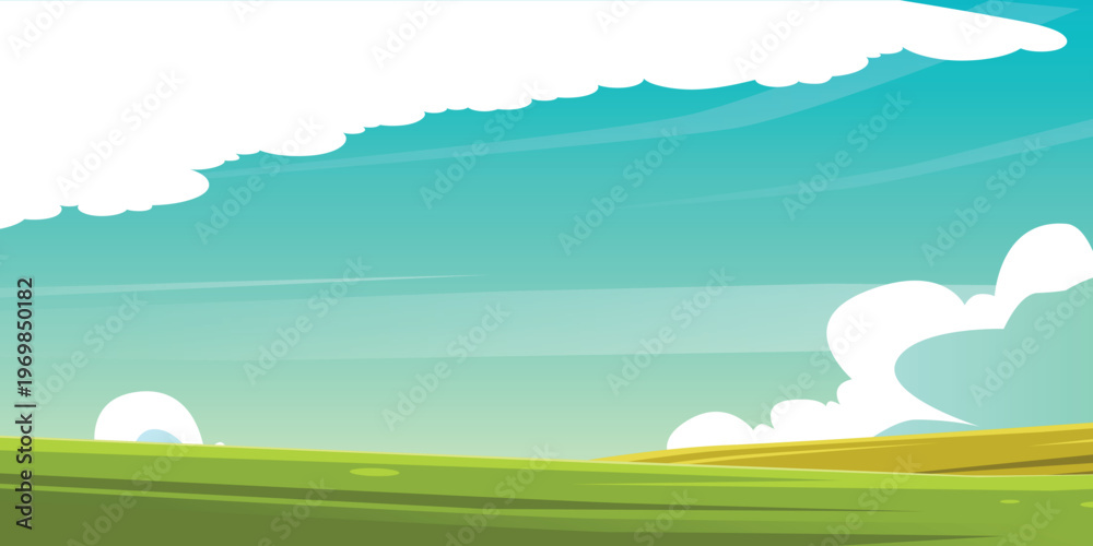 Fototapeta premium Cartoon Style Abstract Landscape with Green Fields, Blue Sky and White Fluffy Clouds, Flat Design