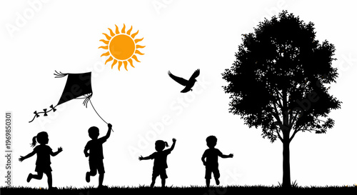 Children playing with kite outdoors happily.