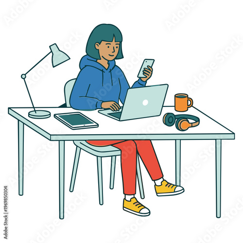Woman works on laptop while using phone at desk with lamp and mug