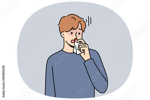 Blood from nose in sick man suffering from intracranial pressure or dangerous virus that reduces stability of vessels. Blood from nose causes stress and discomfort in guy holding nasal tissue