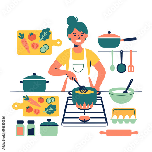 Woman cooking in kitchen with utensils and ingredients on counter