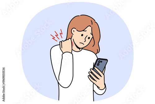 Woman feels pain in neck when using mobile phone, and needs to give up gadgets to cure disease. Neck pain appeared due to digital addiction or poor posture in girl holding smartphone in hand