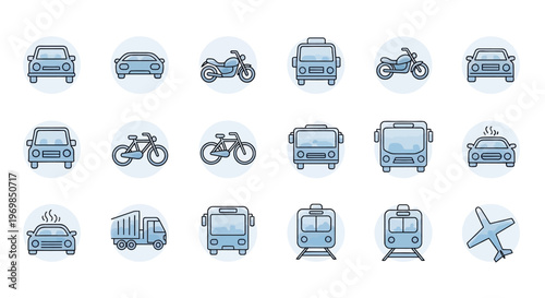 Transportation icons set. Car, bike, bus, train and plane.