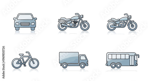 Transportation icons set. Car, bike, motorcycle, bus, truck.