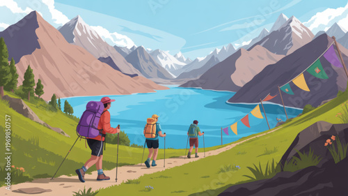 Hikers trek along serene mountain lake path with prayer flags surrounded by majestic snow capped peaks and lush greenery