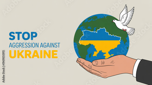 Hand holding globe with ukraine map and dove stop aggression against ukraine message peace and support concept