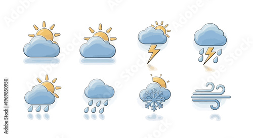 Weather forecast icons set. Meteorology symbols collection.