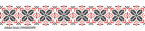 Seamless folk decorative pattern, black and red cross stitch geometric vector ornament isolated on white, Ukrainian Vyshyvanka embroidery