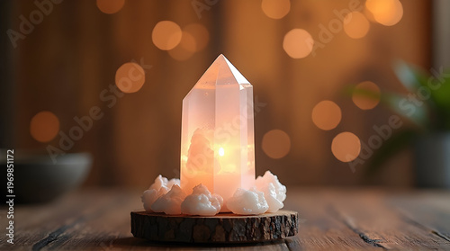 Elegant Clear Quartz Crystal Tower with Sunset Reflection on Wooden Base in Cozy Warm Atmosphere