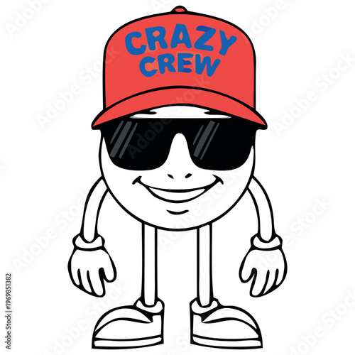 Cartoon vector illustration of a smiling boy character wearing winter clothing and glasses while holding a snowboard and a pirate hat icon.