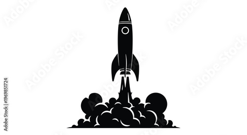 Black silhouette rocket ship launching into space with smoke and flames, symbolizing innovation and success in business and technology