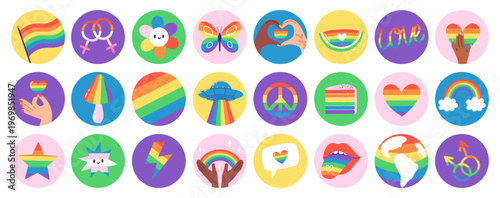 Bright set of circular stickers with rainbow symbols, hearts, flags and elements celebrating diversity and equality. Hand drawn vector illustration. 