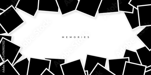 Frame made with square realistic photos, picture collage mockup template. Gallery wall display, photo grid layout, memory album, social media post design. Flat vector illustration 