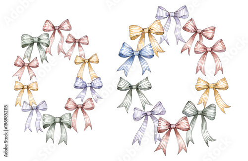 Coquette Bow Wreath Watercolor – Pastel Ribbon Oval Frames in Sage, Dusty Rose, Lavender & Sky Blue | Minimalist Cottagecore Art