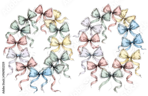 Coquette Bow Wreath Watercolor – Pastel Ribbon Oval Frames in Sage, Dusty Rose, Lavender & Sky Blue | Minimalist Cottagecore Art