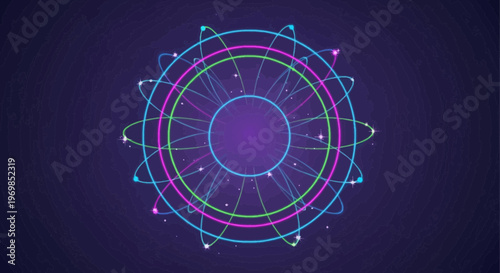 Abstract Neon Atomic Structure with Glowing Orbits