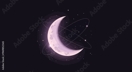 Stylized Purple Crescent Moon with Planetary Orbits in Dark Space