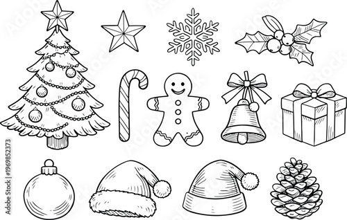 Christmas festive engraving icon collection with tree snowflake candy cane gift bell hat ornament pinecone and holiday elements