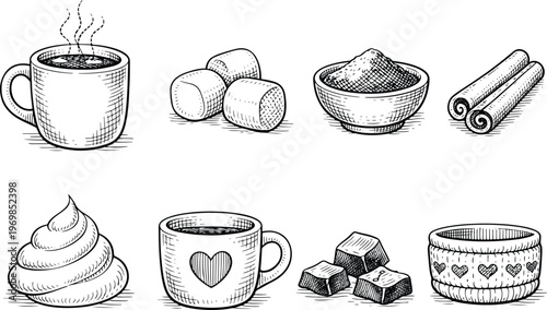 Cozy drink and dessert engraving collection with coffee marshmallow sugar cinnamon chocolate cream and warm winter elements