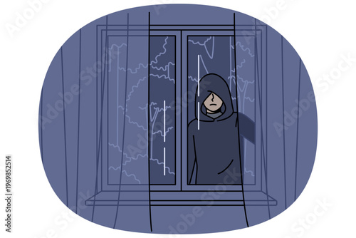 Stalker peers out of apartment window at night, causing fear due to violation of personal space. Stalker follows victim to commit crimes or find out secret information using deceptive methods.