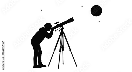 Man Looking Through Telescope Silhouette - Astronomy and Space Observation