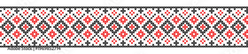 Folk cross stitch geometric border, seamless Ukrainian Vyshyvanka embroidery ornament vector, black and red decorative stripe pattern  