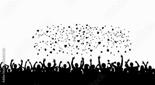 Silhouette of a cheering crowd with confetti.