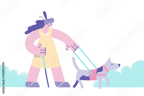 Blind woman walking with trainer guide dog