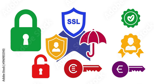 A collection of colorful security icons on a white background isolated on transparent background, isolated on white background, Vector