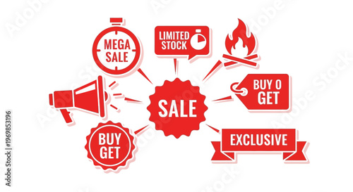 A collection of red sale and discount icons and labels on a white background isolated on transparent background, isolated on white background, Vector