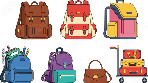 Bag collection illustration with backpacks, handbag, and luggage cart, diverse accessory designs for school, travel, and daily use, vector artwork